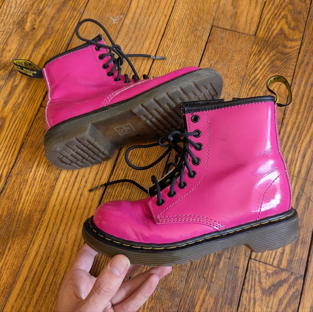 Dr. Martens Kids Pink Patent Delaney Combat Boots